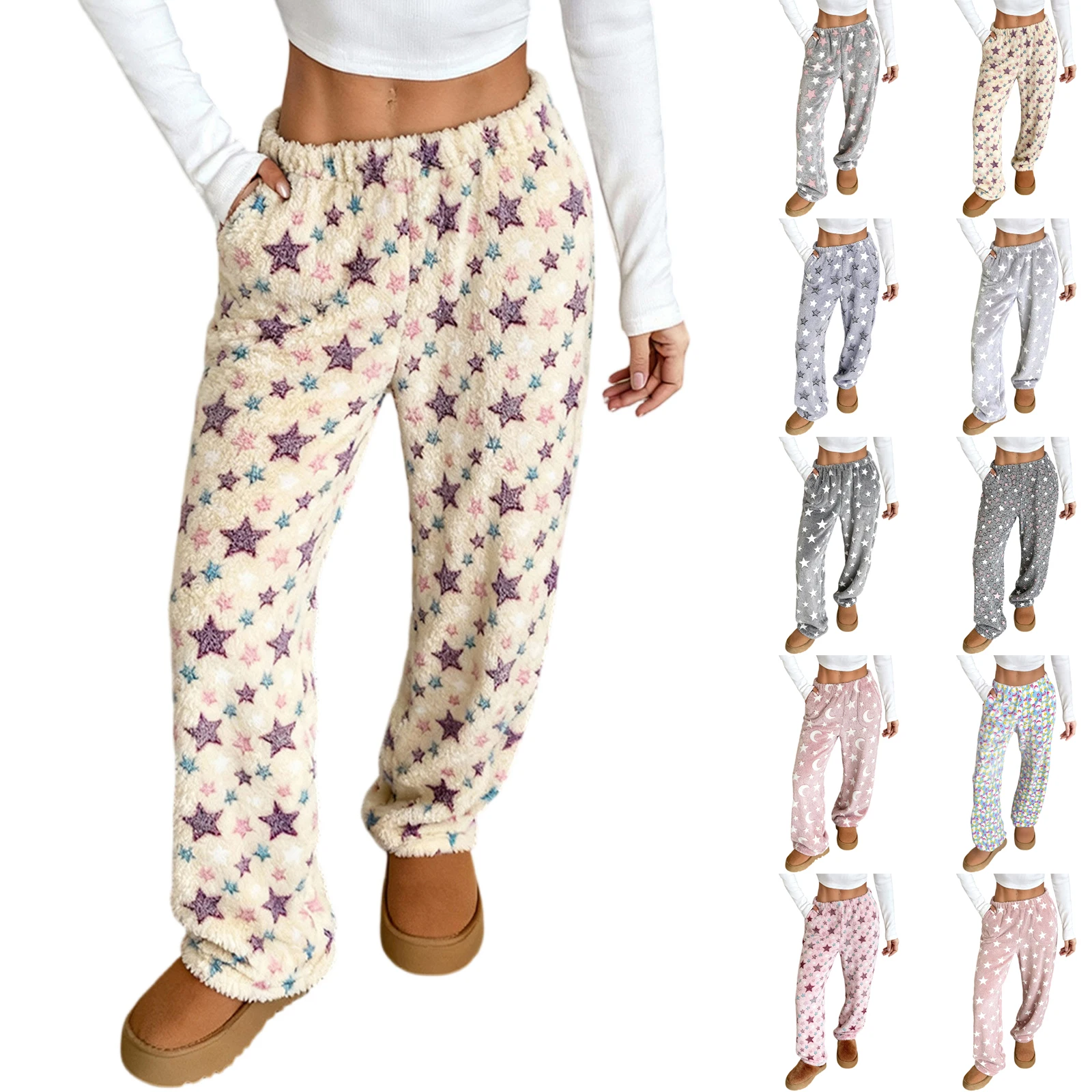 

Women's Pajama Pants Plush Pajama Pants Soft Elastic Waist Pajama Pants Autumn Winter Plush Pajama Pants Star Sleep Pants