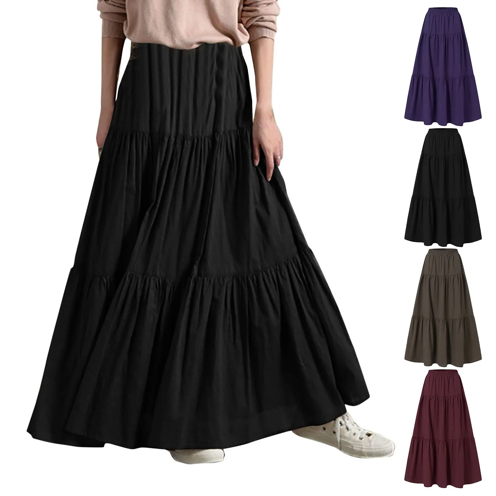 

Spring Summer Women Chiffon Skirts Vintage High Waist Elastic Patchwork White Black Chic Long Cake A-line Skirt for Student