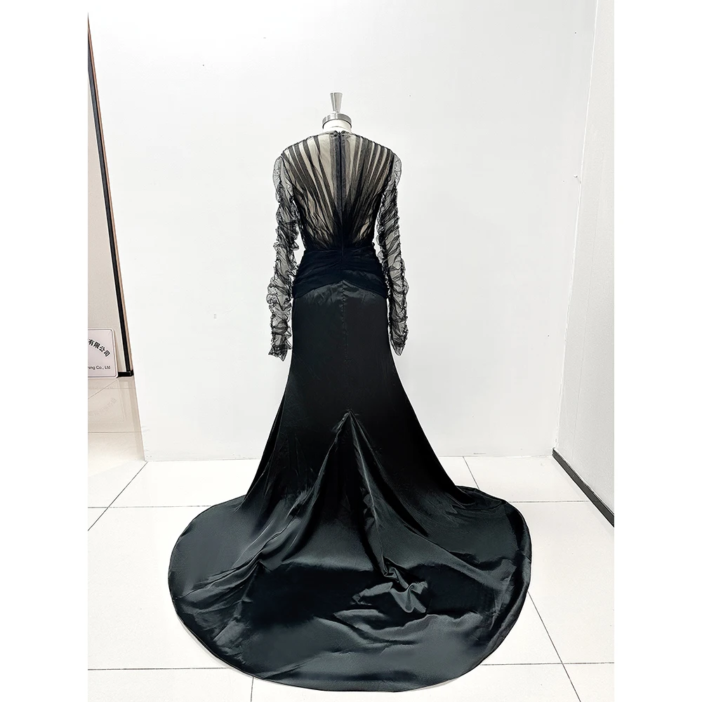 Black V-Neck Pearls Evening Dresses Fashion Long Sleeves Pleat Mermaid Gowns Elegant Sweep Train Front Slit Prom Party Dresses