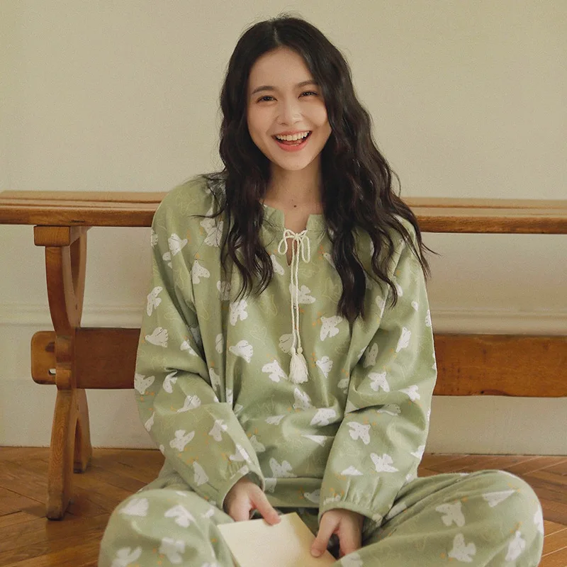 

Large Size Pure Cotton Flannel Sleepwear Set for Women Spring Autumn Winter Home Wear Comfortable Breathable Long Sleeve ...
