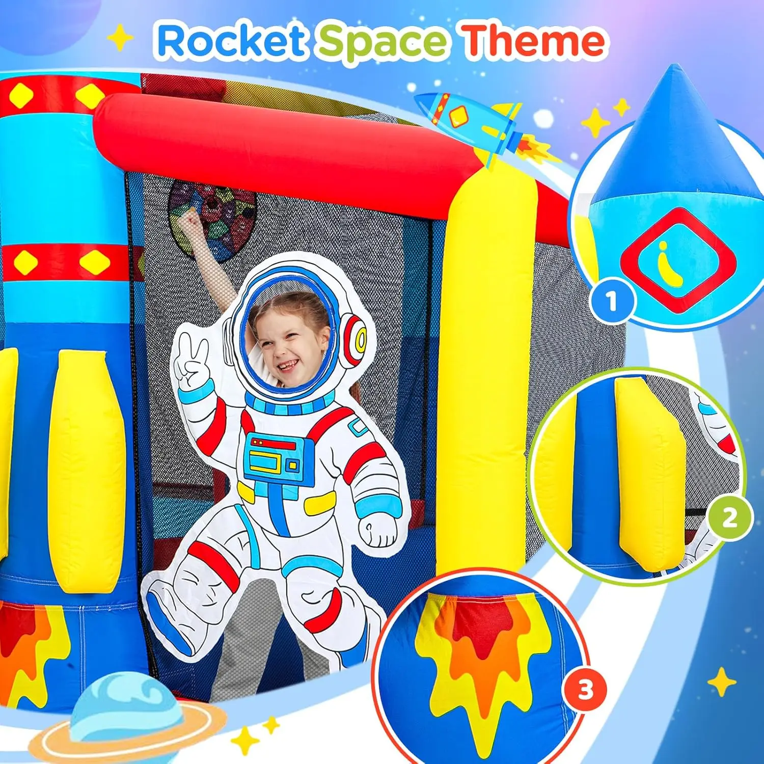 Space Adventure Bounce House, 7-in-1 raket astronaut thema opblaasbaar kasteel met glijbaan, luchtblazer, ballenbak, binnen buiten B