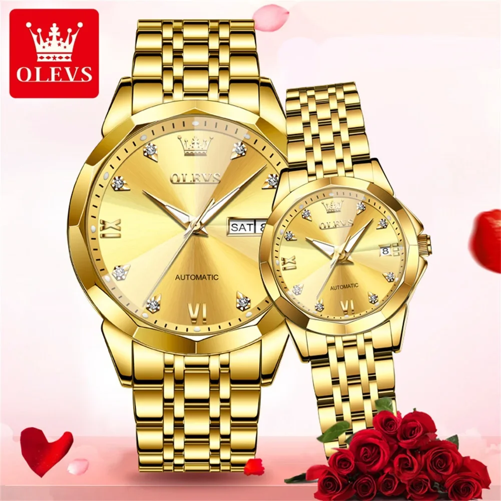 OLEVS 9982 Rhombus Mirror Mechanical Couple Watch For Men Women Roman Scale Luxury Hand Clock Waterproof Fashion Automatic Watch