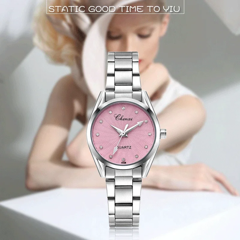 CHENXI Ladies Quartz Wristwatch Round Pink Rhinestone Dial Brand Female Waterproof Stainless Steel Watch Women Dress watches