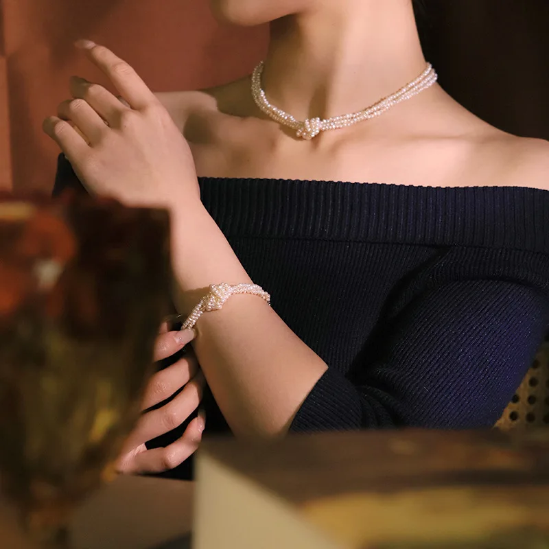 Original Handmade Design White Freshwater Pearl Knotting Clasp Necklace Bracelet Set for Women Fashion Multilayer Choker Jewelry