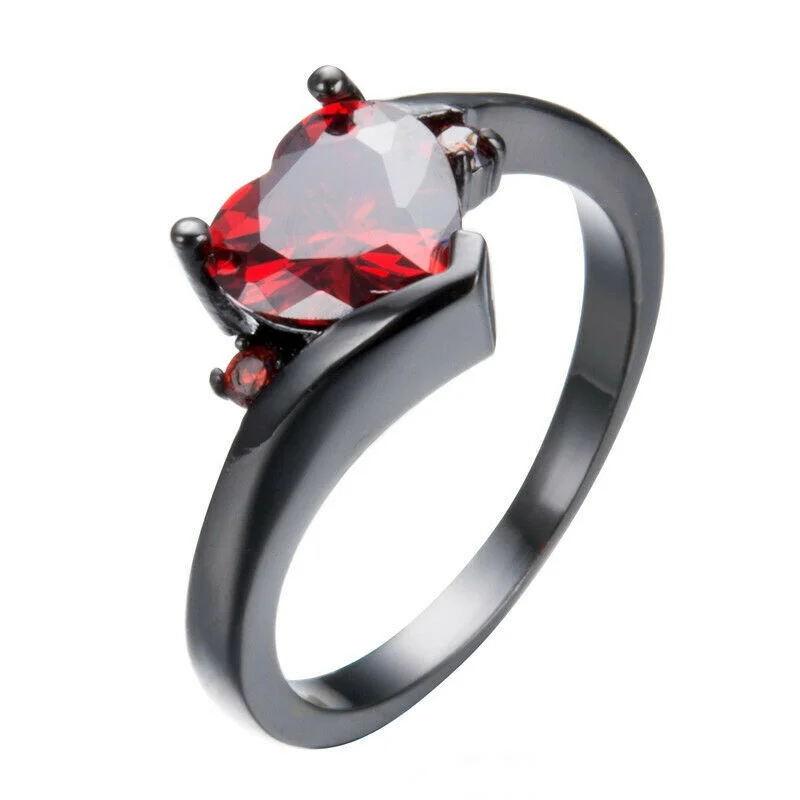 Heart Shaped Garnet with Zircon Black Gold Plated Women Ring Size 6-10