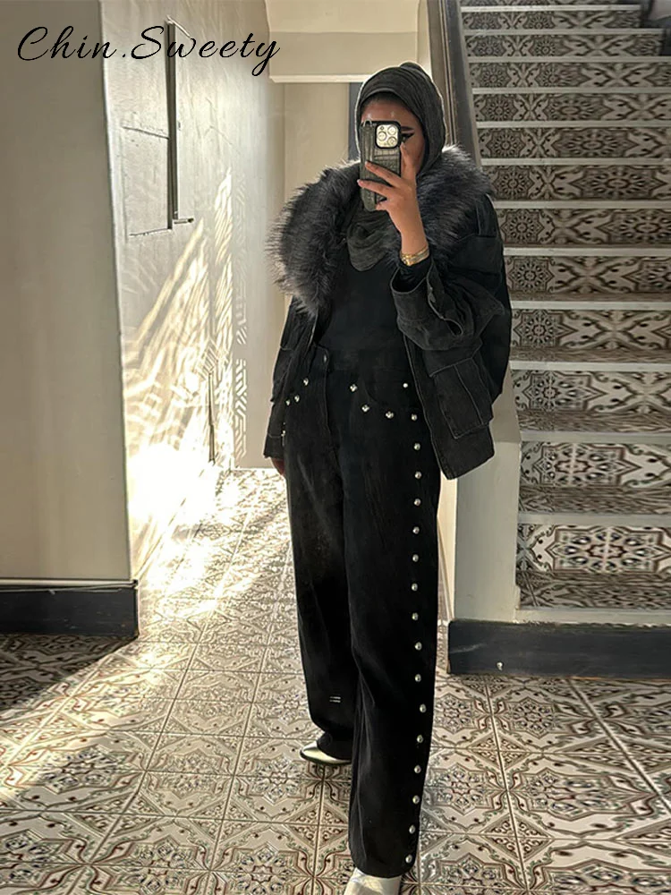 

Fashion Pockets Beading Long Denim Pants Women Solid Zipper High Waist Straight Trouser 2025 Spring Summer Lady High Street Pant