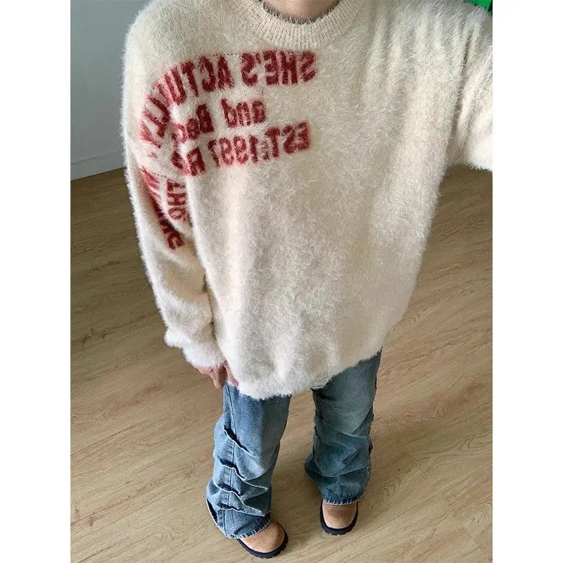 

American Sle Retro Soft Mink Sweater Creative Embroidered Letter Design Loose Lazy Couple Knitted irt Men's Women's