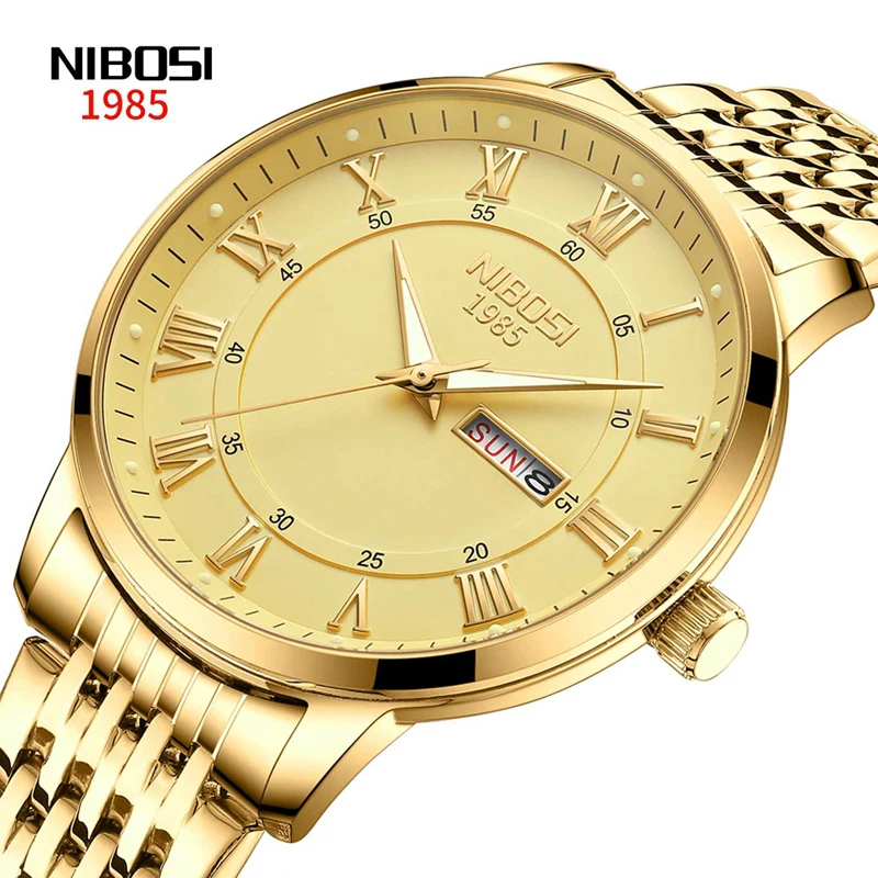 

NIBOSI Stainless Steel Gold Quartz Watches Men Sports Waterproof Luminous Top Brand Luxury Men Watch Week Date Relogio Masculino