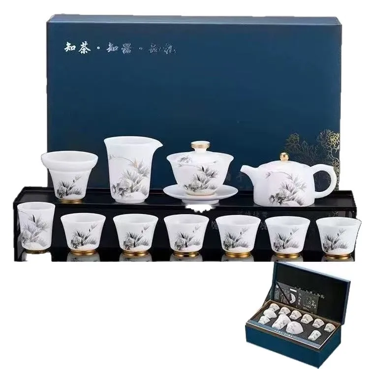 High-end ice tea set ceramic household high-end white porcelain office business gift kung fu tea set gift box set
