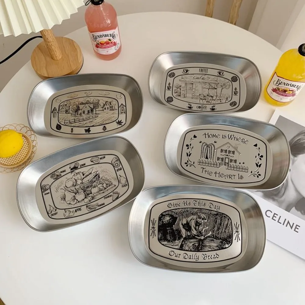 2 Bandejas de Hojalata Americanas Vintage de Acero Inoxidable, Plato para Aperitivos y Frutas, Plato de Almacenamiento de Alimentos para el Hogar, Bandeja de Servicio para Mesa de Café y Picnic