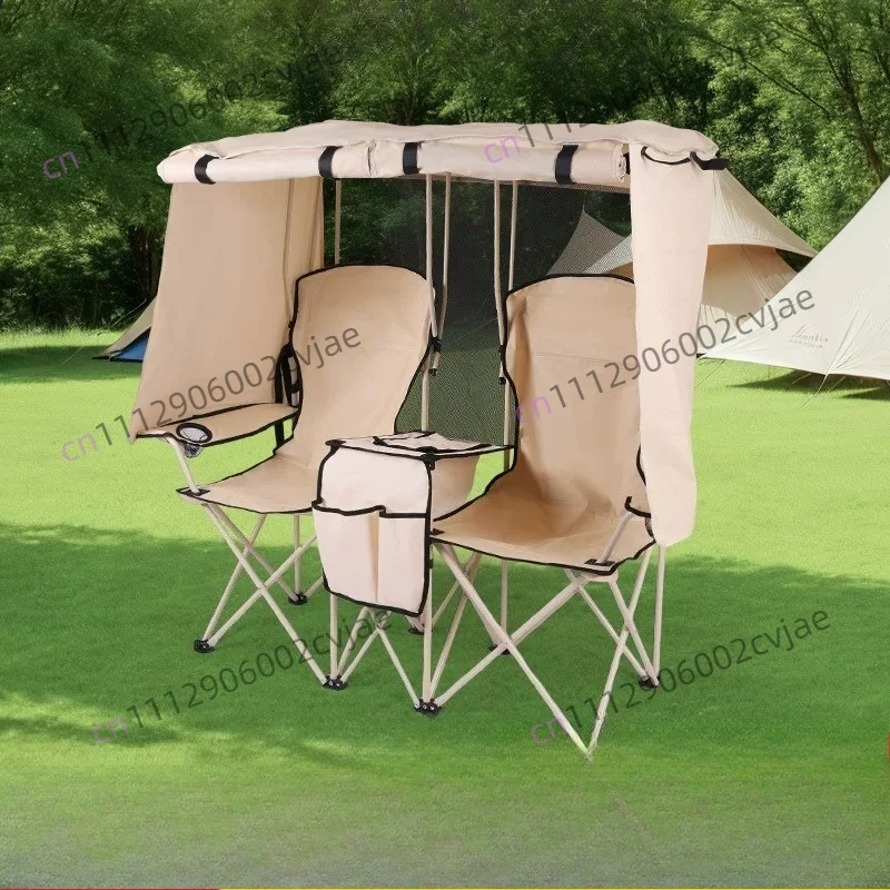 Outdoor Camping Leisure Double Folding Chair Fishing Beach Chair Integrated Awning Awning Picnic Director Chair