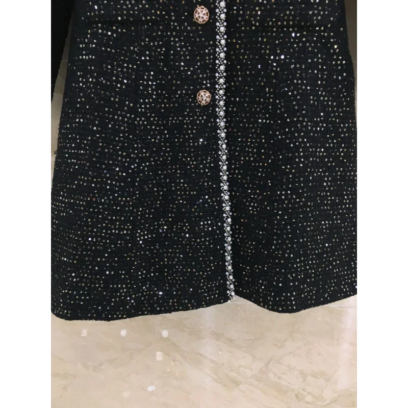 High-quality Sequined Small Fragrance Beaded Lapel Dress Women Elegant Chic Long Sleeve Office French Lady Tweed Dress One Piece