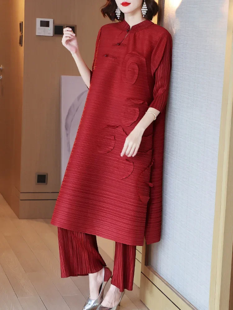 Miyake Fashion Pleated 2 Pieces Set Women Stand Long Dresses High Waist Pants Solid Color Sets 2023 Autumn New Clothing