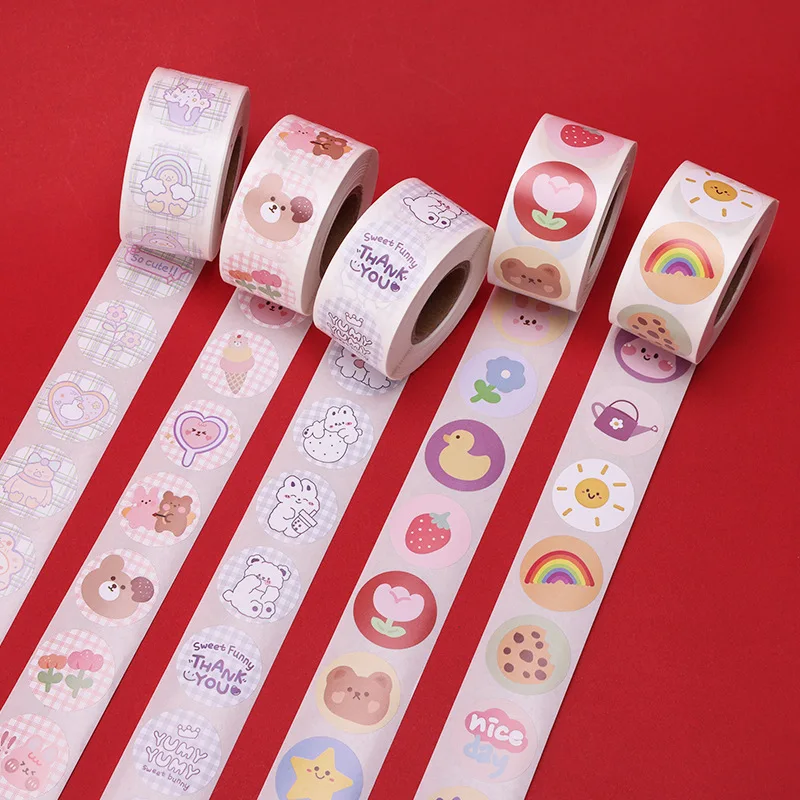 500PCS/Roll Kawaii Cartoon Round Sealing Sticker Self-Adhesive Cute Children’s Stickers Reward Diy Material Sticker Toy Gift