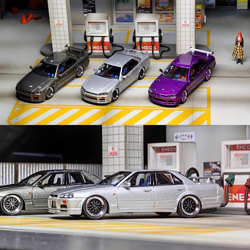 1:64, Nissan gtr er34 versão de asa traseira alta, modelo de brinquedo colecionável de carro de simulação em miniatura fundido em liga, brinquedo para meninos.