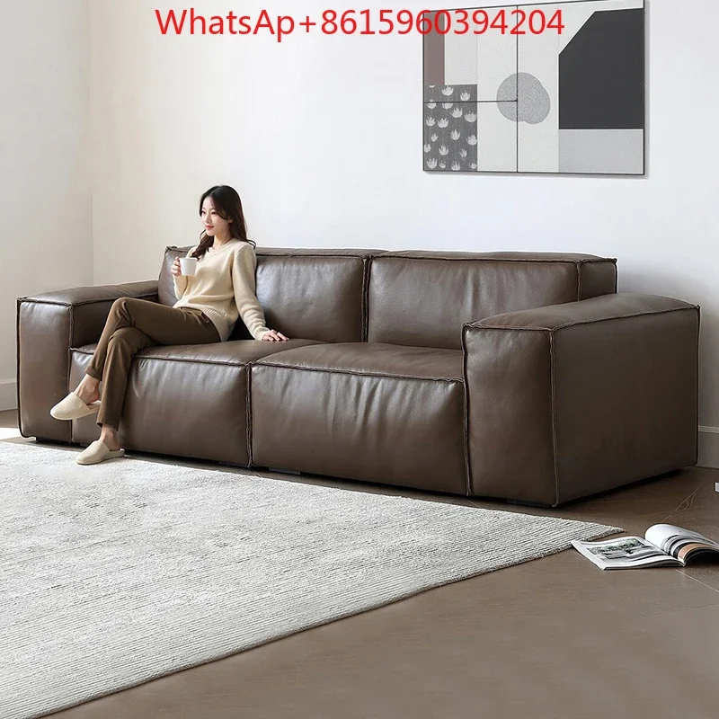 Leather sofa living room double Italian down 2025 new small apartment square first layer cowhide tofu sofa