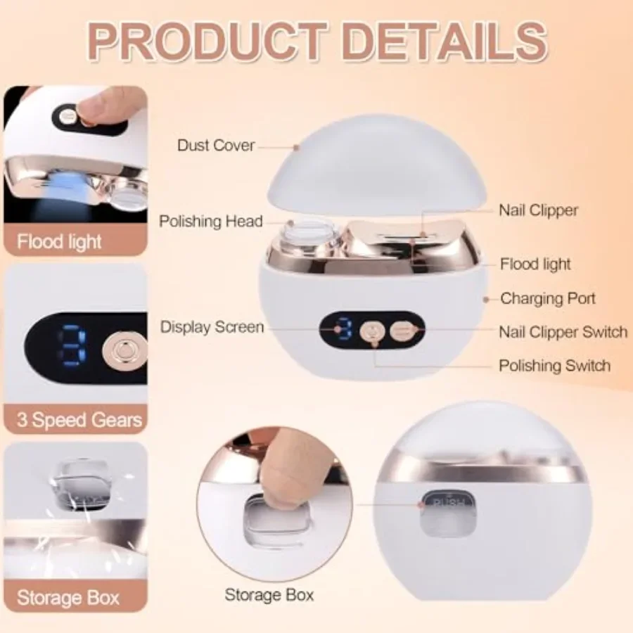 เครื่องตัดแต่งเล็บและขัดเงาไฟฟ้า 2in1 พร้อมกล่องเก็บเศษเล็บ ไฟ LED ดีไซน์ชาร์จ USB ใช้งานได้อย่างปลอดภัยและง่ายดาย