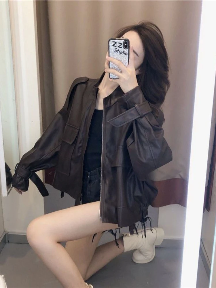 Brązowa Krótka Skórzana Kurtka Damska Kieszenie Japoński Zamek Błyskawiczny Skórzana Kurtka Damska Luźna Retro 2025 Lato High Street Płaszcz Moda