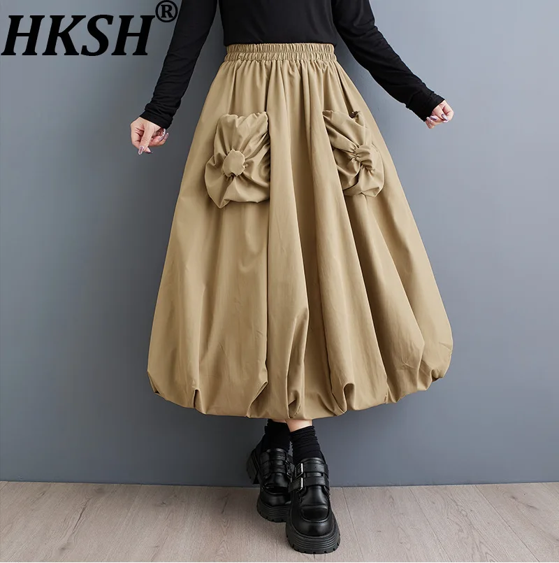 

HKSH 2025 Spring Autumn New Women Skirt Elastic Waist Three-dimensional Pocket Pleated Streetwear Tide Casual Bud Skirts HK12411