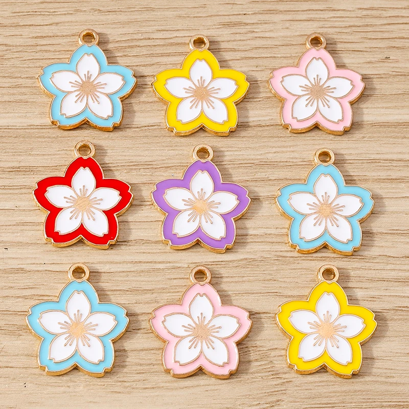 10pcs 17x19mm Fashion Enamel Sakura Flower Charms Pendants for Jewelry Making Necklaces Earrings Bracelets DIY Crafts Supplies