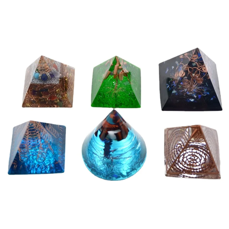 Round Cone Metal Wire Reiki Resin Pyramid  Natural Stone Orgone Energy Converter Orgonite Pyramid Spiral Crafts Decoration