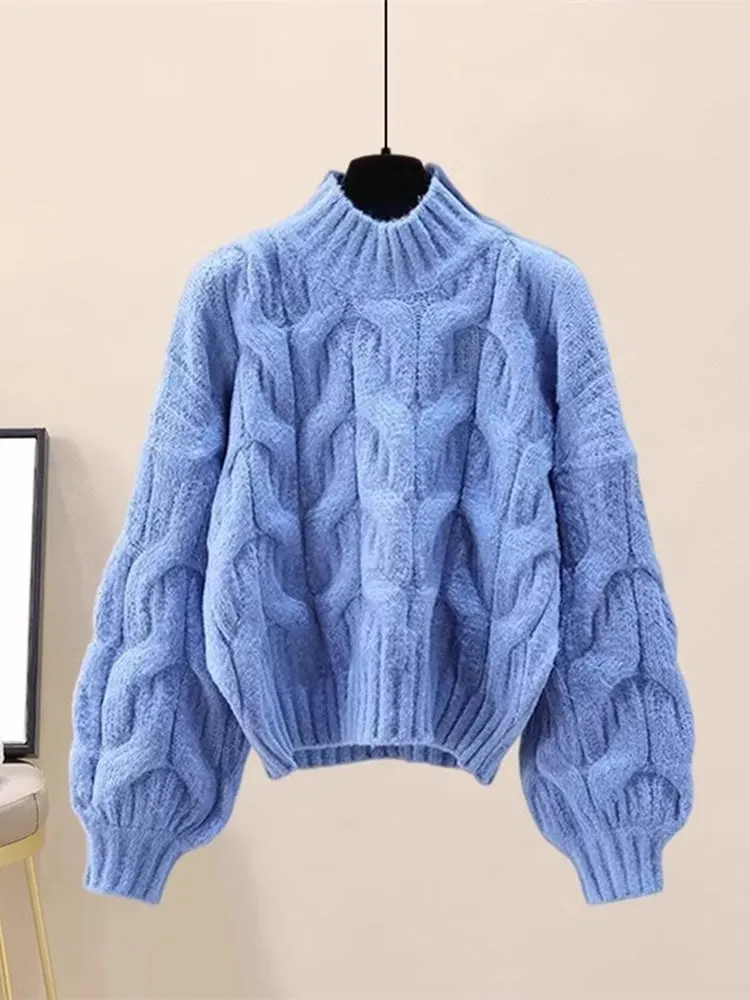 Damski sweter z golfem, luźny krój, kombinezon, jesienno-zimowa, modna, swobodna odzież dzianinowa.