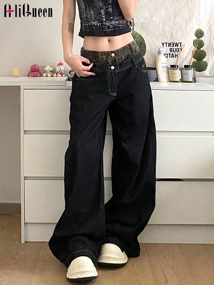 

Women Vintage Leopard Spliced Jeans Pants Fake Two Piece Long Pants High Waist Loose Hip Hop Wide Leg Denim Pants Streetwear