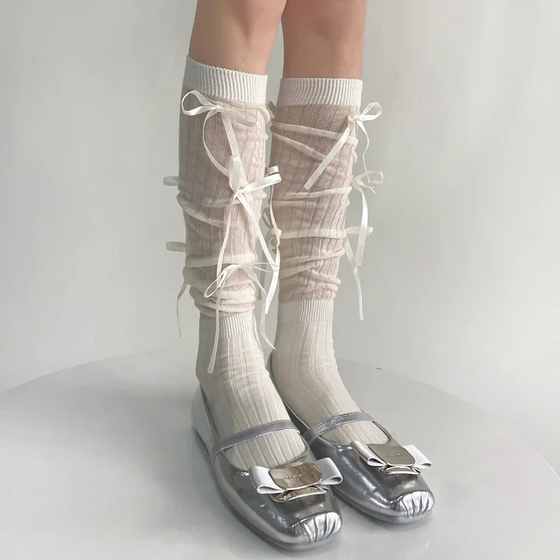 Sweet Lolita Style Stockings Students Fashion Basic Bowknot Knee-high Socks Cotton Fabric Women Sock Spring Summer Mid-calf Sock