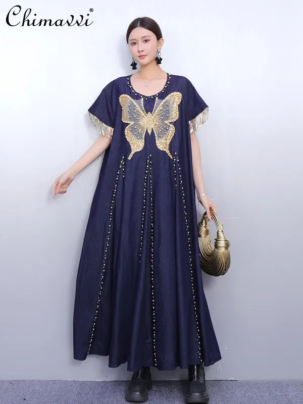 

2026 Spring New Women's Fashion Denim Dress High-end Oversized Hotfix Rhinestone Butterfly Tassel Ladies Casual Maxi Dress