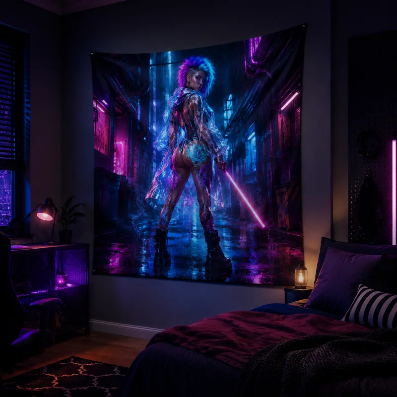 VIKAMA Cyberpunk Mechanical Queen Tapestry, Neon Party Futuristic Sci-Fi Art Backdrop, Bedroom Electro Party Home Decor