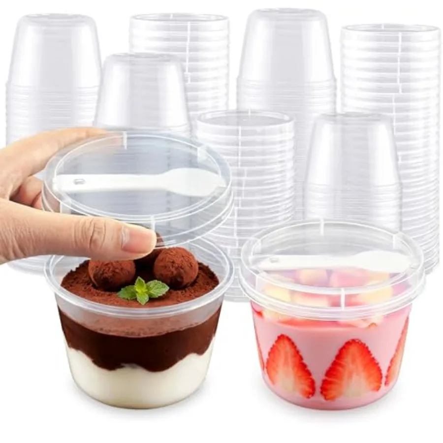 

Пластиковые стаканчики для десертов с крышками и ложками, прозрачные стаканчики для йогурта/закусок с крышками для вечеринок, мини-круглые стаканчики для десертов с ложками