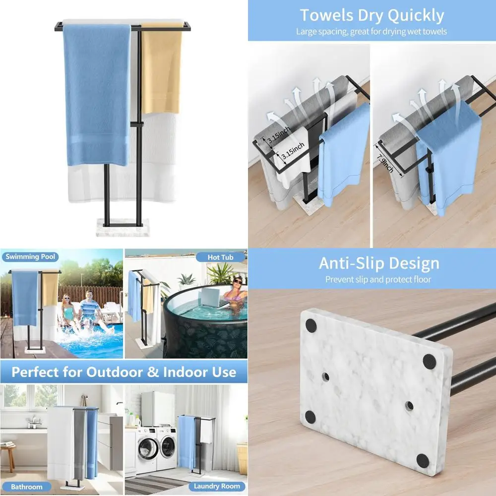 

3-Tier Standing Towel Rack with Marble Base, Holds Multiple Sizes, Ideal for Bathroom, Black