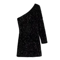 Women One Shoulder Maxi Long Dresses Women Sparkling Sequin Backless Sexy Evening Party Vestidos Slim Ruched Summer Dress