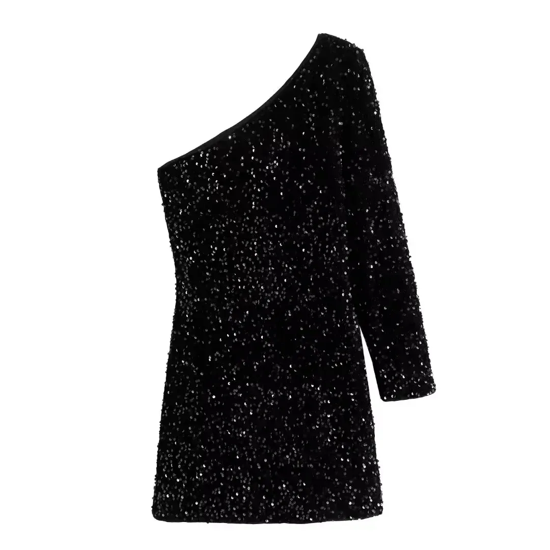 Sukienki damskie maxi na jedno ramię, długie, z cekinami, odkryte plecy, seksowne, wieczorowe, typu vestidos, dopasowane, marszczone, letnie.
