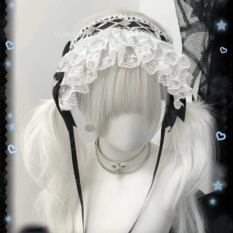

New Handmade Original Y2K Rivet Lace Bow Headband Sweet Lolita Subculture Headgear Halloween Cosplay Dark Gothic Headband