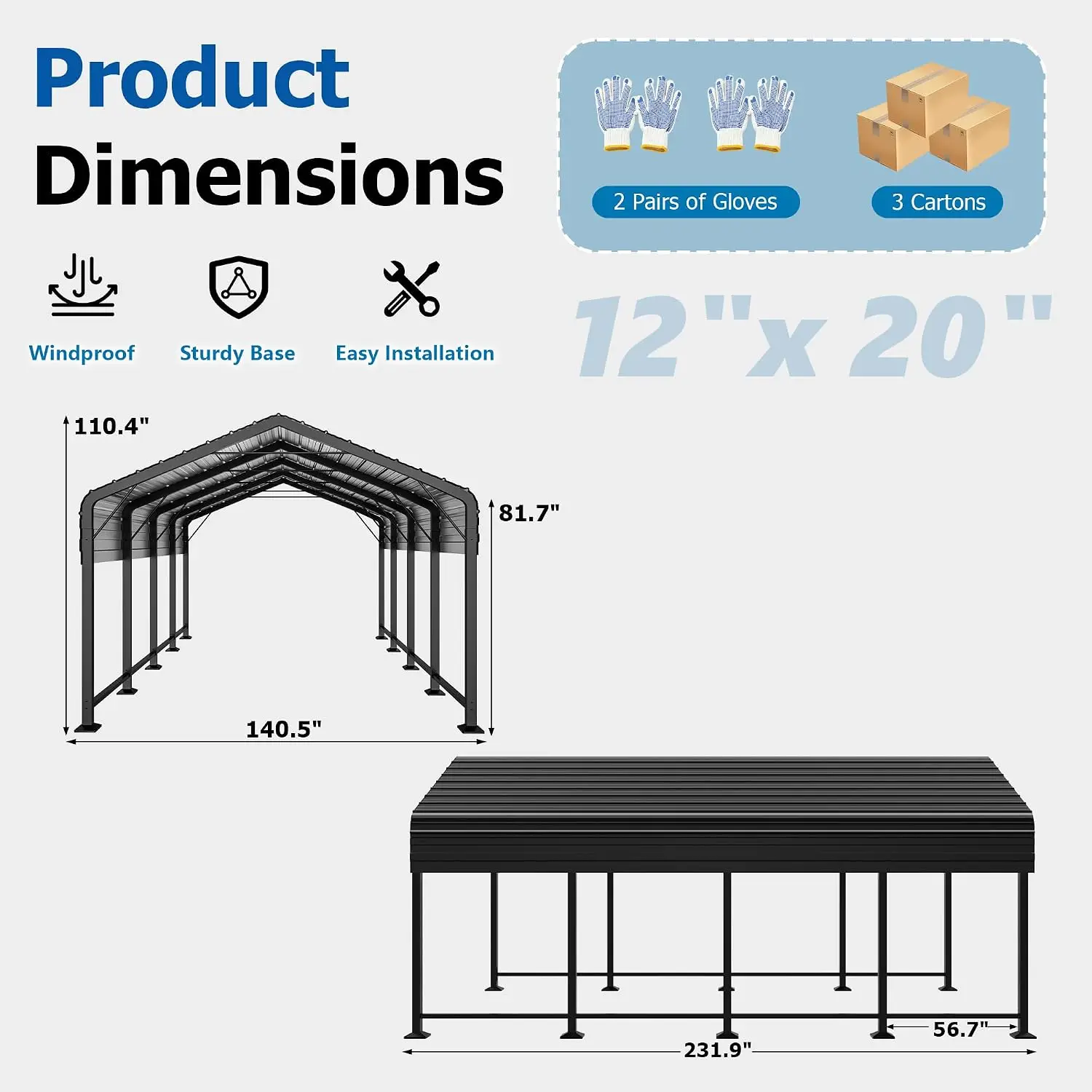 Carport Canopy 12’X20’ Heavy Duty Car Port Galvanized Steel Roof, Reinforced Stable Triangle Frame for Snowy Windy, Custom