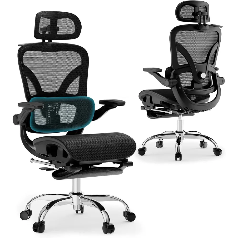 alllion ergonomic mesh office chair, home desk chair comfy high back with adjustable lumbar support, 3d headrest, flip-up arms,