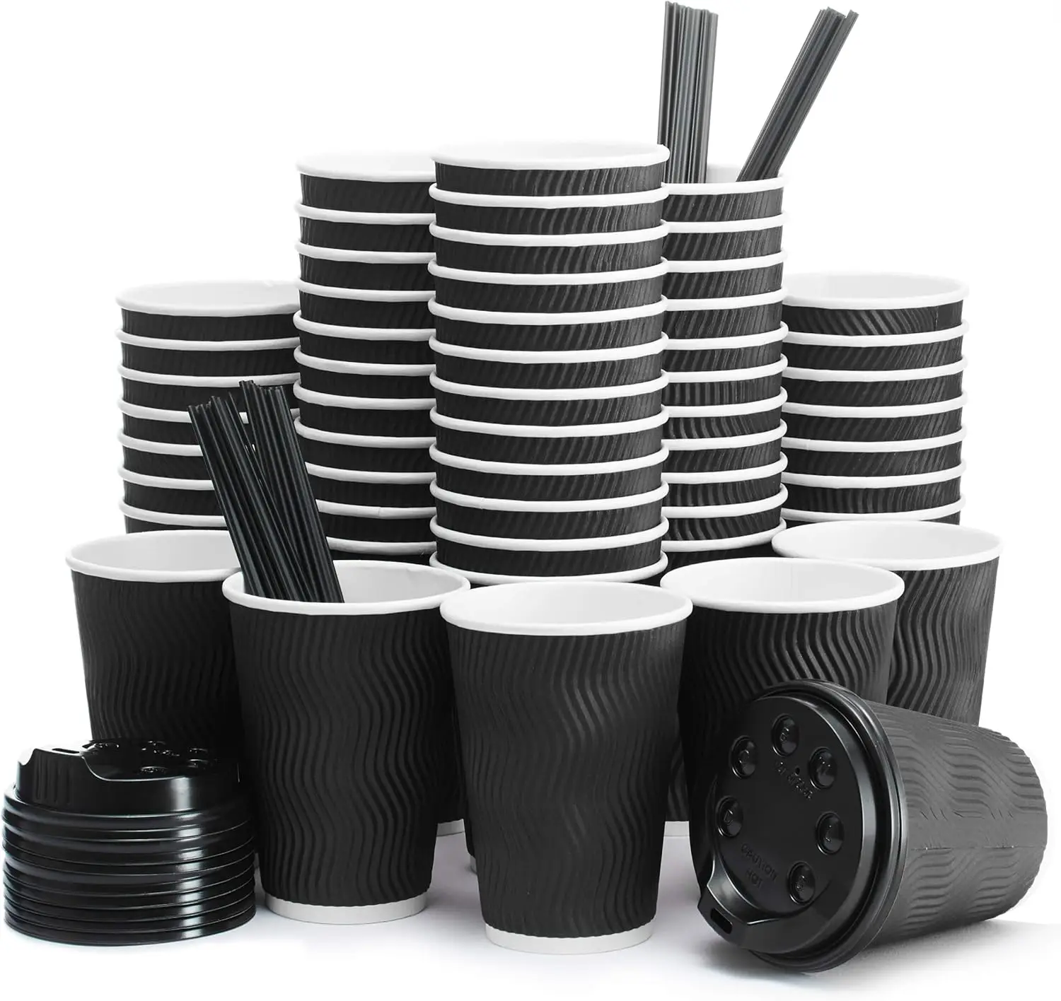 

Insulated Disposable Coffee Cups with Lids & Straws 12 oz, 100 Packs - Paper Cups for Hot Beverage Drinks To Go Tea Coff