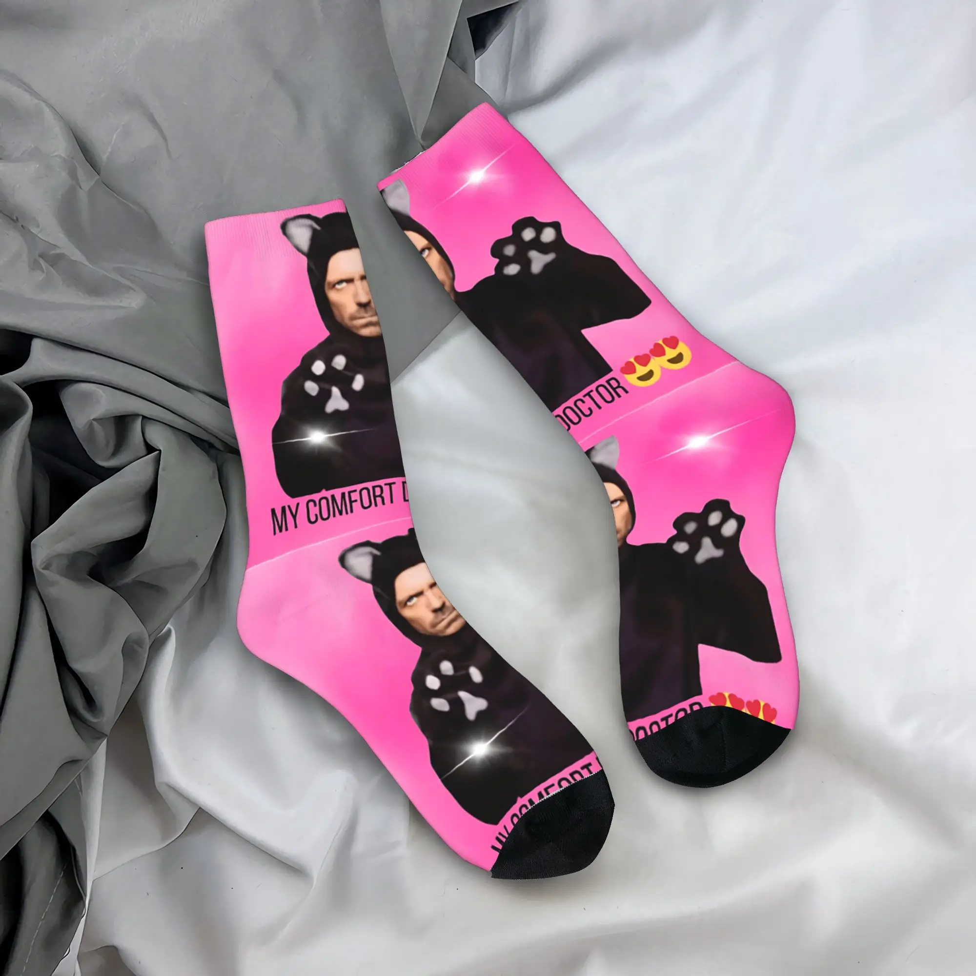 House MD My Comfort Doctor Cat Meme Stockings  Retro Socks Men's High Quality Socks Autumn Running Non Slip Socks Birthday Gift