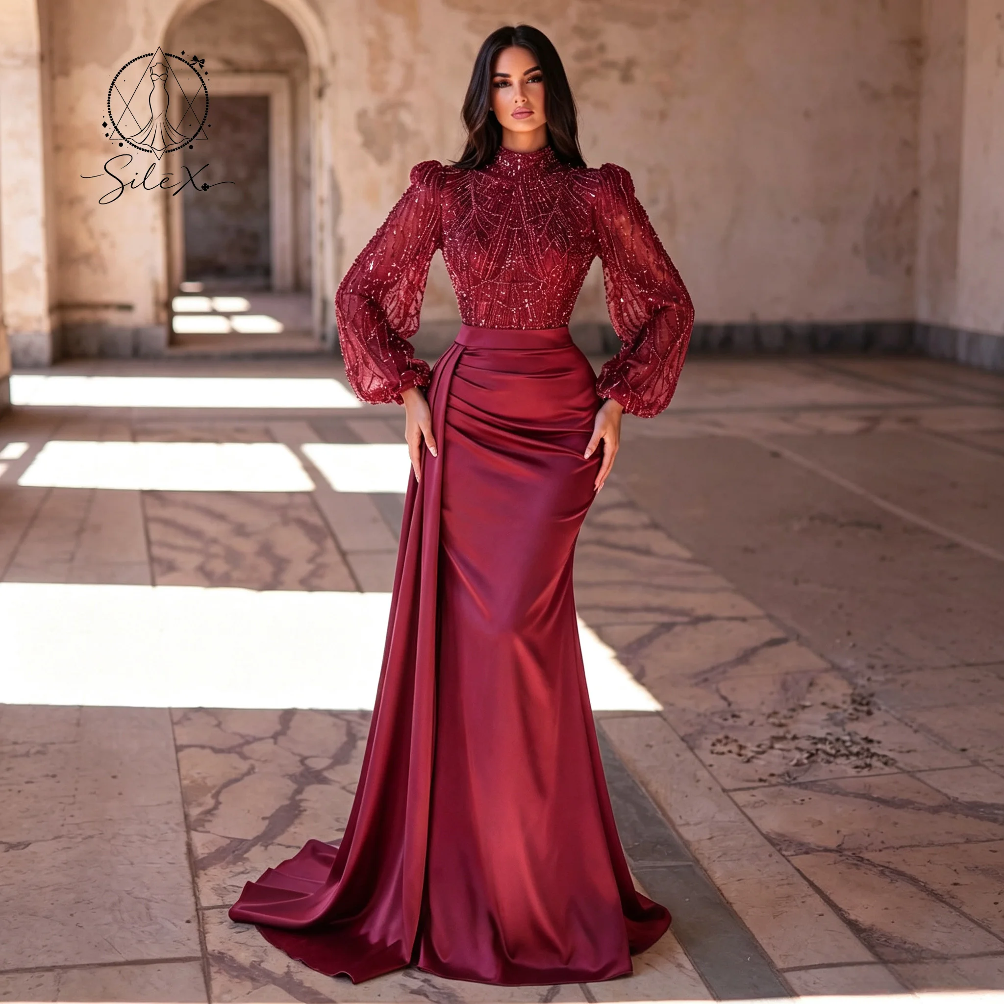Burgundy Satin Mermaid Formal Gown High Neck Beaded Puff Sleeve Lace Bodice Ruched Waist Long Train Luxury Banquet Evening Dress