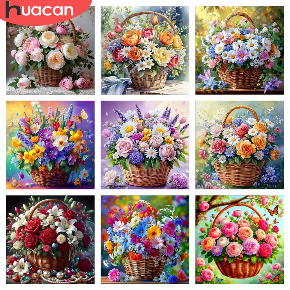 HUACAN Diamond Painting Rose Peony Flower Basket Diamond Art Mosaic Daisy Floral Home Decor Rhinestones Pictures Full Kits