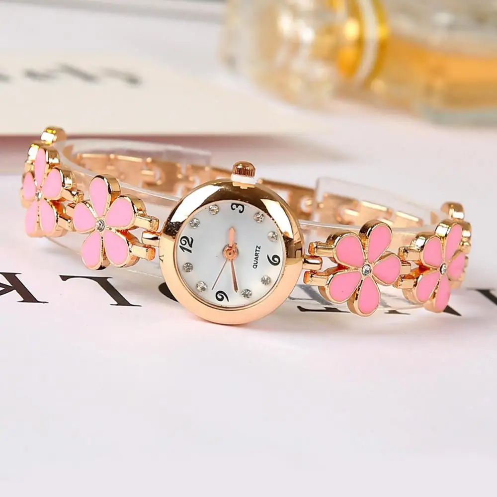 Reloj de cuarzo analógico de esfera redonda para mujer, pulsera de cadena de flores, relojes de pulsera de diamantes de imitación, relojes femeninos