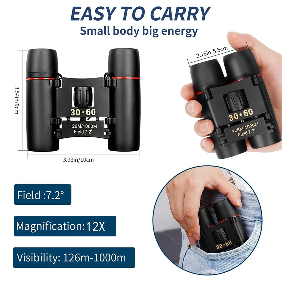 Red Film 30x60 Binoculars, High-Definition Mini Portable Outdoor Binoculars, Suitable for Bird Watching and Travel