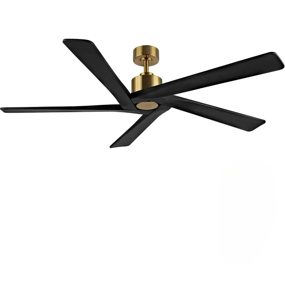 Unlit ceiling fan, 5 reversible carved solid wood blades, no noise, unlit ceiling fan, brass finish, black blades