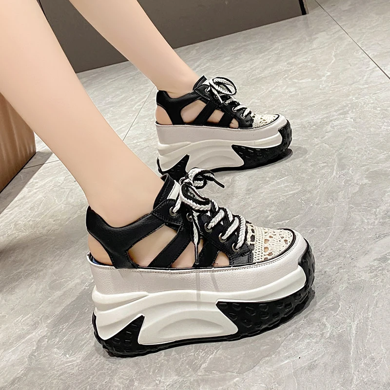 10CM Hollow Summer Sandals Wedge Heels Leather Sneakers Women High Platform Beach Gothic Punk Casual Breathable Walking Slippers