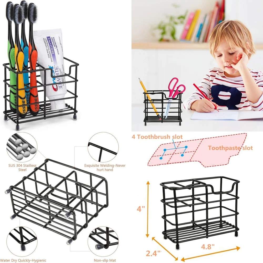 

Waterproof Bathroom Toothbrush Holder Stainless Steel Black Wall Mounted Mug Cup Organizer for Sink Countertop Storage Rack