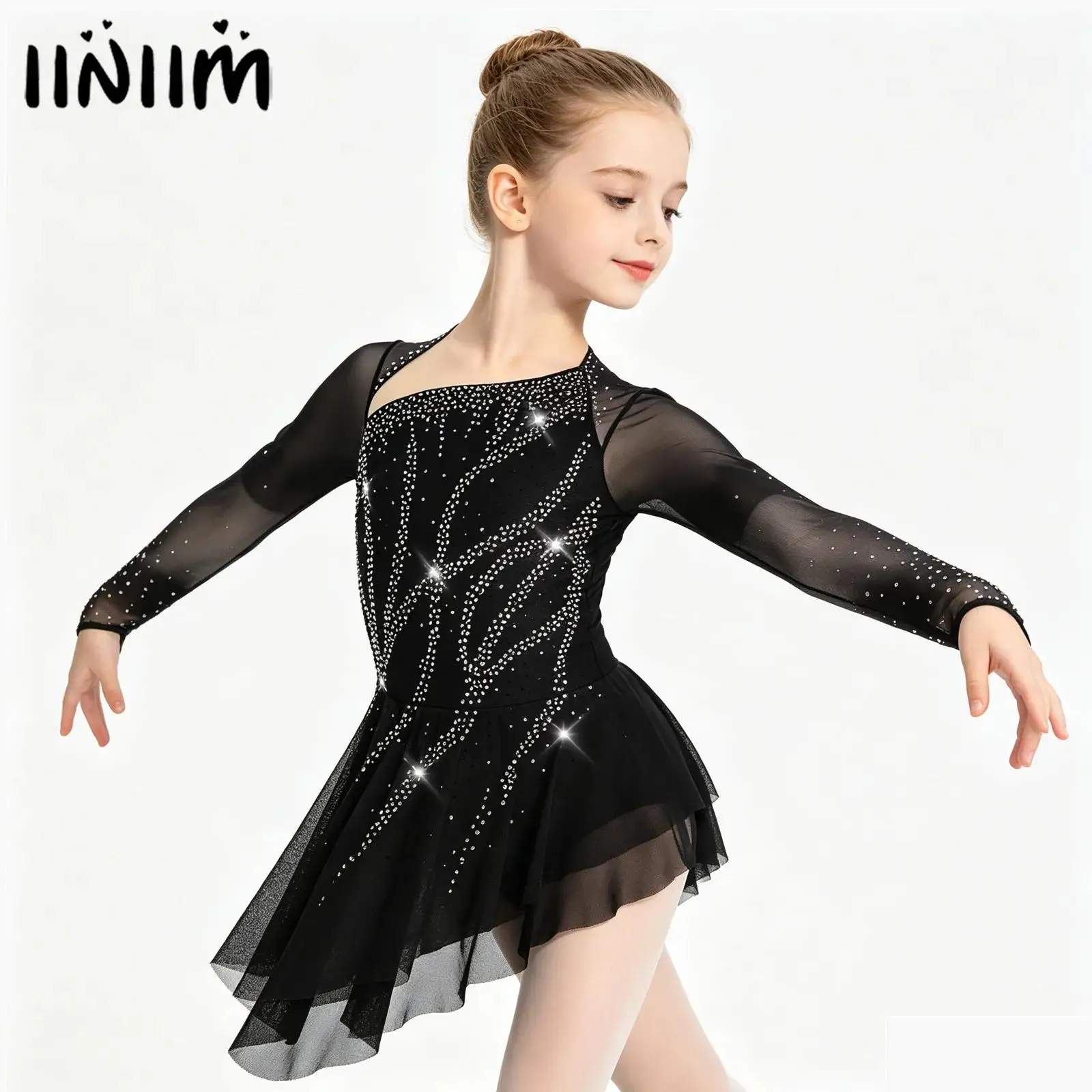 Kids Girls Gymnastics Split Shiny Rhinestones Ballerina Tutu Dress Figure Skating Modern Ballet Jersey Lyrical Dance Costumes
