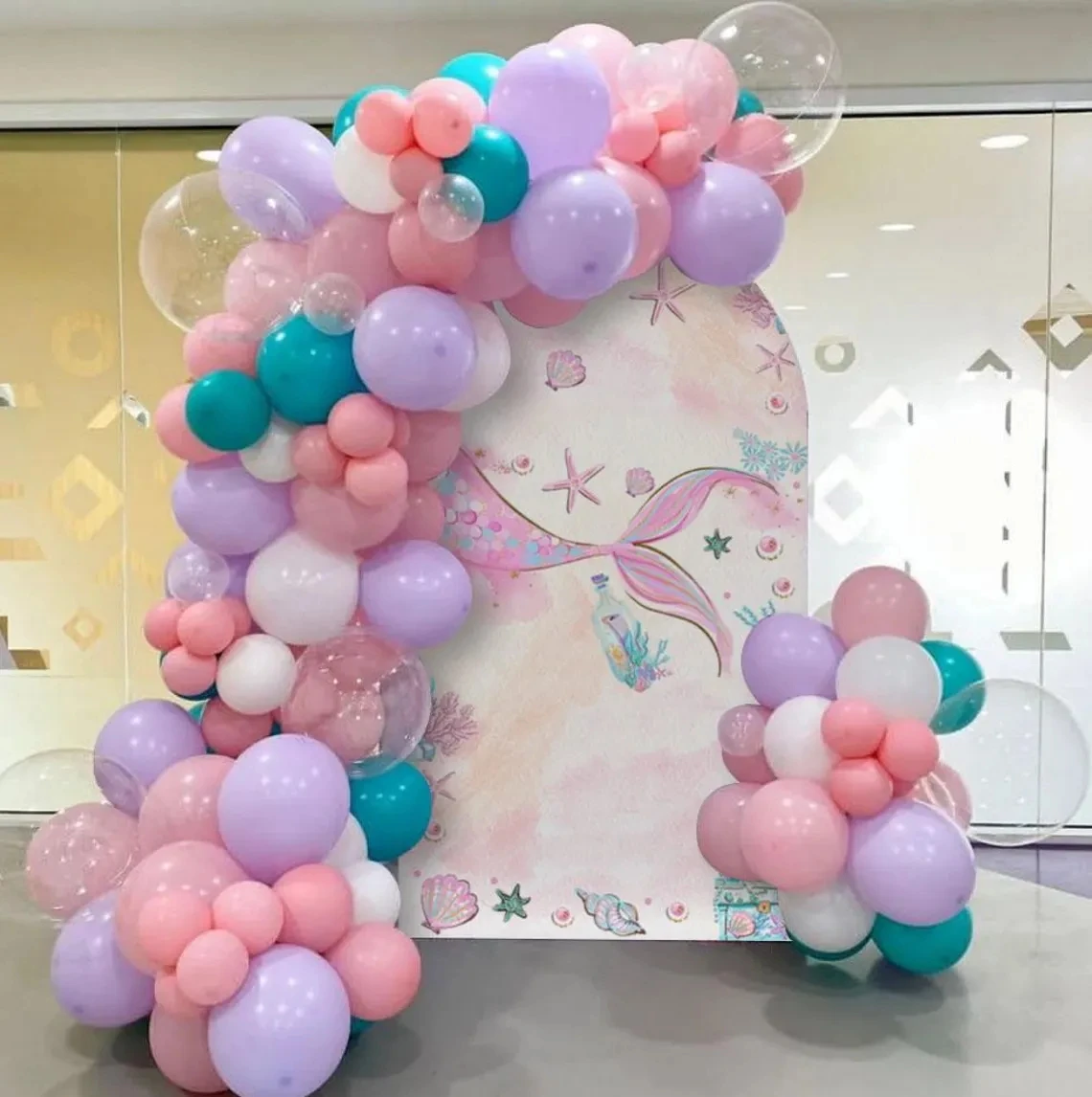LS Mermaid Princess Girl 1st Birthday Party Arch Background Photography Pearl Shell Purple Underwater Backdrop Baby Photo