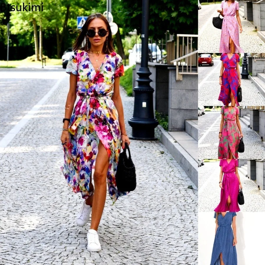 

2025 New Summer Women Print Dress Split Sexy Lace Up V Neck Short Sleeve Casual Long Dresses A Line Female Vestidos Maxi Gown