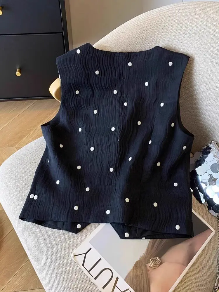 Summer Stylish Polka Dot Women Vest Chic V-Neck Single Breasted Sleeveless Tank Tops 2026 New Temperament Slimming Waistcoat